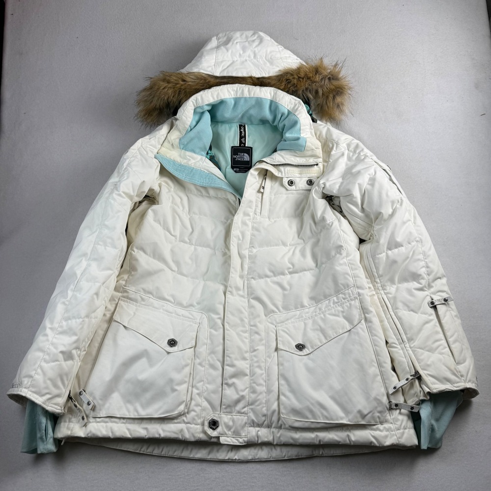 The North Face Cryptic White Down Ski Jacket Faux Fur Hood Women Large Vintage